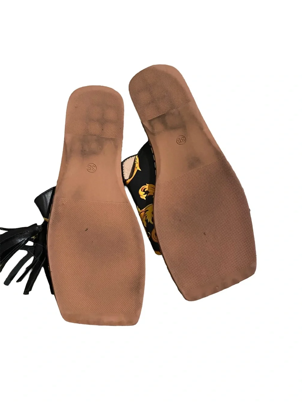 Black and Gold Tassel Slide Sandals - Women's Fashion Slides - Picture 2 of 3